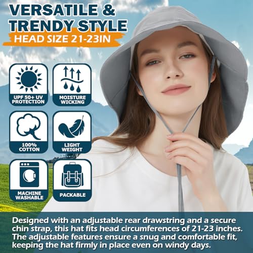 Women's Cotton Sun Hat with Neck Flap, UV Protection Wide Brim Outdoor Hat | Adjustable Fit, Moisture-Wicking & Breathable, Packable & Lightweight for Fishing Hiking Gardening Beach Safari - color: Dark Grey
