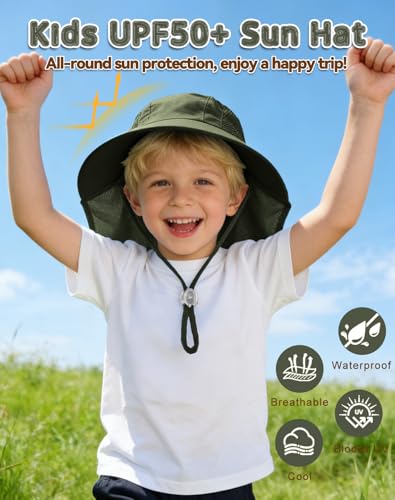 Rosoz Kids Sun Hat with Neck Flap UV Protection Summer Toddler Beach Hat Unisex Ponytail Hat Wide Brim Fishing Hat - color: Dark Green+light Grey