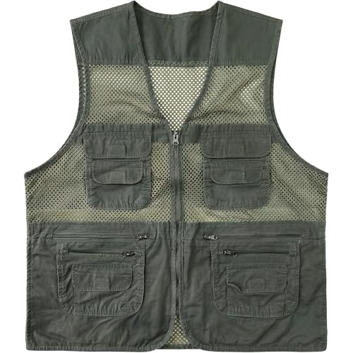 Men's Fishing Vest Multi-Pockets Unisex Mesh Utility Summer Vest for Hiking, Travel, Safari Waistcoat Jacket - color: Dark Green, size: 3X-Large