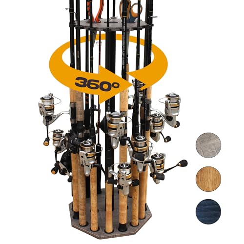 Rush Creek Creations 16-Rod Round Fishing Rod Holder for Garage, 360° Access Fishing Pole Holder for Fishing Rods, Reels, Gear, and Accessories, Securely Holds 16 Rods, Gray - color: Gray