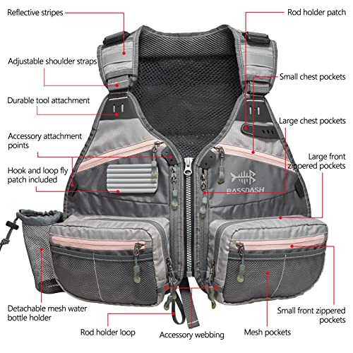 BASSDASH Fly Fishing Vest Adjustable Size with Detachable Water Bottle Holder for Men and Women FV07 - color: Women’s Size - Grey/Light Pink
