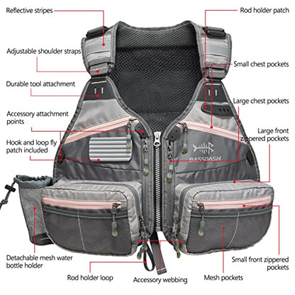 BASSDASH Fly Fishing Vest Adjustable Size with Detachable Water Bottle Holder for Men and Women FV07 - color: Women’s Size - Grey/Light Pink