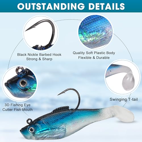 Soft Fishing Lures Pre-Rigged Swimbait Jig Head Paddle Tail Swim Baits Swim Shad Lures Soft Plastic Swimbait Bass Trout Walleye Sinking Baits Fishing Lures Kit for Saltwater Freshwater - color: 6pcs/pack, size: 10cm/3.94inch