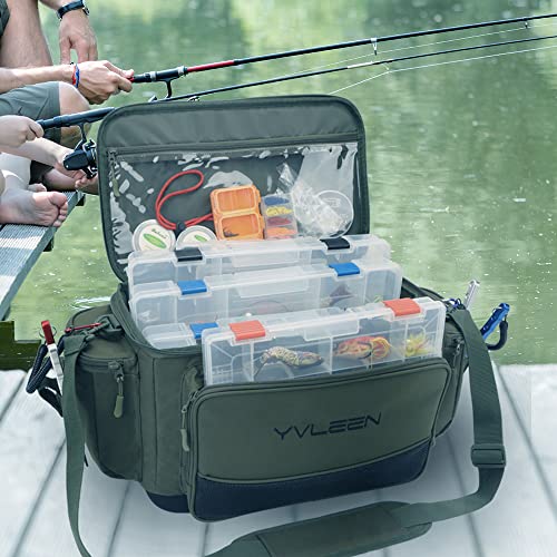 YVLEEN Fishing Tackle Box Bag - Outdoor Large Fishing Tackle Storage Bag - 100% Water-Resistant Polyester Material - Fishing Tackle Bags - Suitable for 3600 3700 Tackle Box (Army Green) - color: Army Green（Not included Trays）
