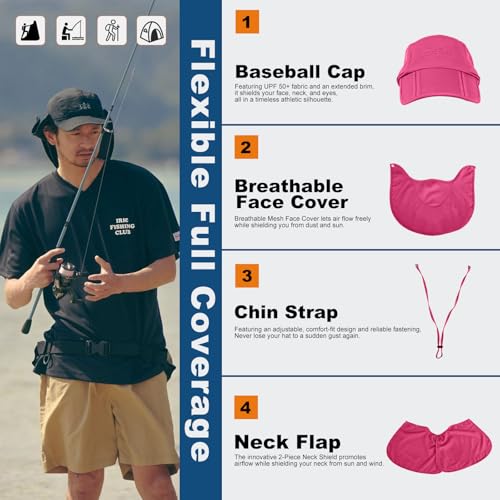 Surblue Neck Face Flap Outdoor Cap UV Protection Sun Hats Fishing Hat Quick-Drying UPF50+ - color: Rosered, size: Small