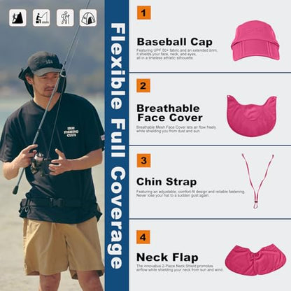 Surblue Neck Face Flap Outdoor Cap UV Protection Sun Hats Fishing Hat Quick-Drying UPF50+ - color: Rosered, size: Small