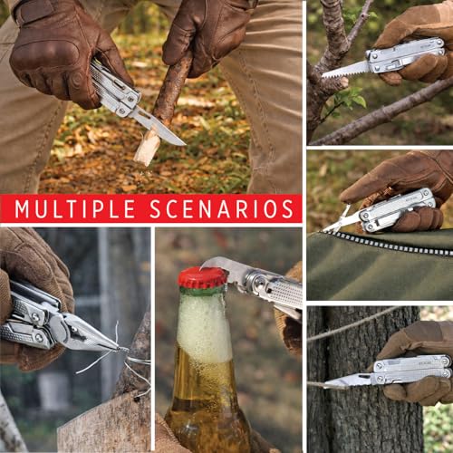 EDGE Multi-Tool Pliers, 14-in-1 Stainless Steel Multitool with Knife, Saw, Scissors, Wire Cutter & Screwdriver Bits, Compact Folding Pocket Tool for Camping, Survival, Fishing & Car Emergency (Silver) - color: Silver