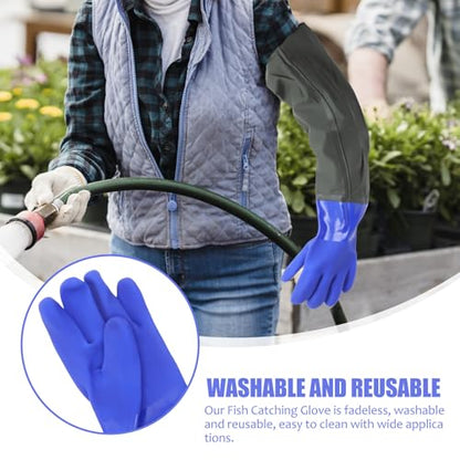 Uonlytech Waterproof Fishing Gloves with Extended Sleeve, Blue Elastic Cuff, Sturdy Outdoor Gardening and Pond Work Gloves, 2pcs Set for Daily Use and Aquarium Maintenance