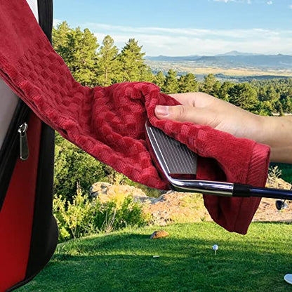 Cotton Golf Towel with Clip - Tri-fold Golf Towel for Men & Women, Checkered Pattern Design (Red) - color: Red