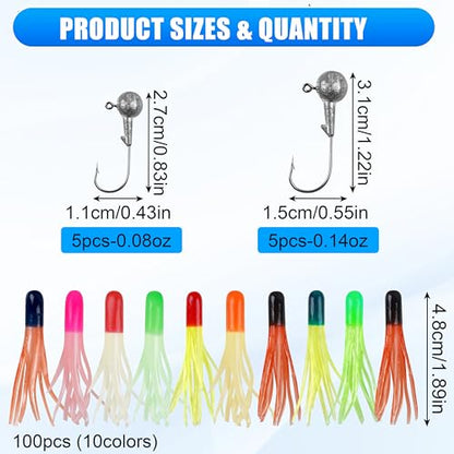 Grub Fishing Lures Jig Heads Hooks Kit, Crappie Lures Tube Baits Soft Worms Grub Tail Crappie Jigs for Bass Trout Bluegill Panfish Fishing 17-140pcs - color: 110pcs/kit