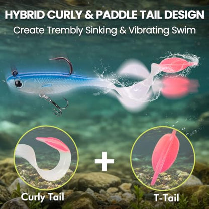 TRUSCEND Duramax Easy Catch Soft Fishing Lures with BKK Hook, Trembly Sinking & Vibrating Swim for More Bites, Pre-Rigged Curly & T-Tail Swimbait for Bass, Trout, Crappie, Freshwater Saltwater Fishing - color: A1-3"-1/4oz