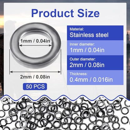 Pndeyo Fly Fishing Tippet Rings, Solid Tippet Connectors, Stainless Steel Freshwater Fishing Line Leaders - size: 50pcs 2mm