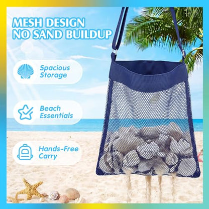VioraWhite 2 Pcs Extra Large 14 x 16inch Clam Mesh Chum Beach Bags for Seashells Clams Treasures Sand Away Foldable Shell Collection Bags with Adjustable Straps (Black,Dark Blue) - color: Black, Dark Blue
