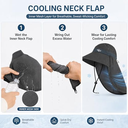 Palmyth Fishing Hat UPF 50+ Sun Protection Neck Flap Hat for Men and Women | Cooling Neck Flap, Water Resistant, Wide Brim, Detachable Chin Strap, Breathable Mesh, Sweatband, Adjustable Buckle, Packable - color: Carbon