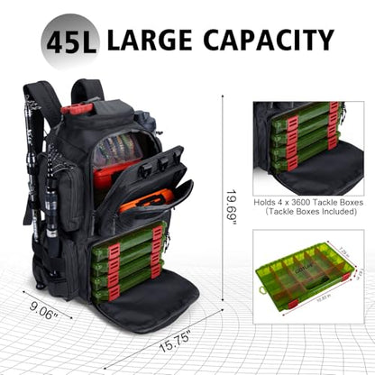 Goture Fishing Backpack with 4 Tackle Boxes,900D Water-Resistant Tackle Backpack with Rod Holders,45L Large Fishing Bag Storage Gear Tackle Bag with Rain Cover,Bottle Holder for Travel Camping Hiking - color: A1:black With 4 Tackle Boxes