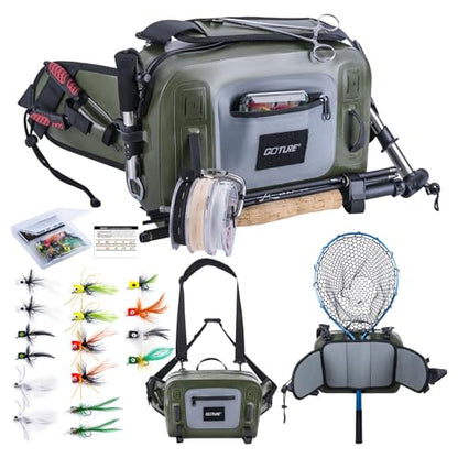 Goture Waterproof Fishing Waist Pack, IPX8 840D TPU Large Tackle Bag with Rod Holder, Airtight Zipper Closure, Fly Fishing Bag with Adjustable Waist Strap, Sling Fanny Pack with 16pcs Popper Flies - color: D1:Fly Fishing Bag with 16pcs Popper Flies