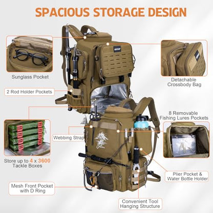 Goture Fishing Backpack with 4 Tackle Boxes,58L 900D Water-Resistant Tackle Backpack with Cooler,Rod Holders,8 Lure Pockets, Detachable Crossbody Bag,Gear Storage Large Fishing Bag for Camping Hiking - color: D1:khaki With 4 Tackle Boxes