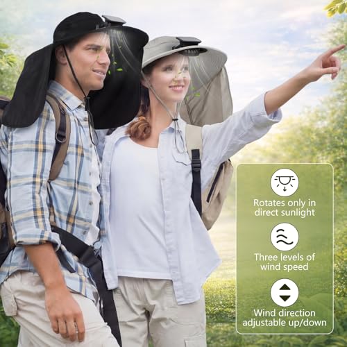 Maiteenly 2 Pcs Solar Fan Hat for Men with Neck Flap Bucket Fan Buit in Hats for Hiking Fishing Outdoor USB and Solar Powered - color: Black, Light Gray