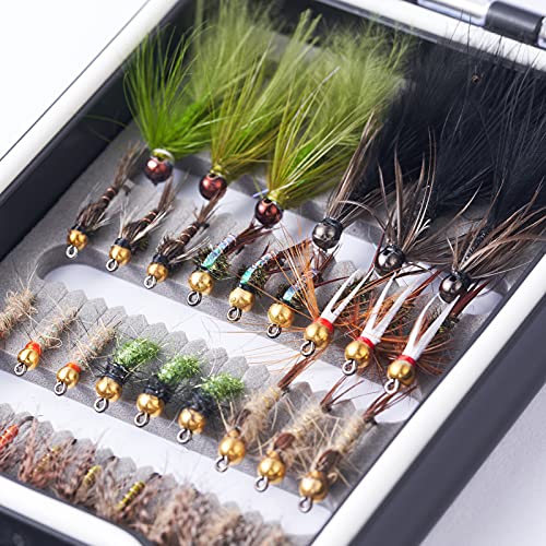 BASSDASH Fly Fishing Flies Kit Fly Assortment Trout Bass Fishing with Fly Box with Dry/Wet Flies, Nymphs, Streamers, Popper - style: 33pcs Barbed and Barbless Trout Flies