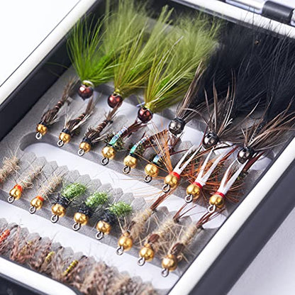 BASSDASH Fly Fishing Flies Kit Fly Assortment Trout Bass Fishing with Fly Box with Dry/Wet Flies, Nymphs, Streamers, Popper - style: 33pcs Barbed and Barbless Trout Flies