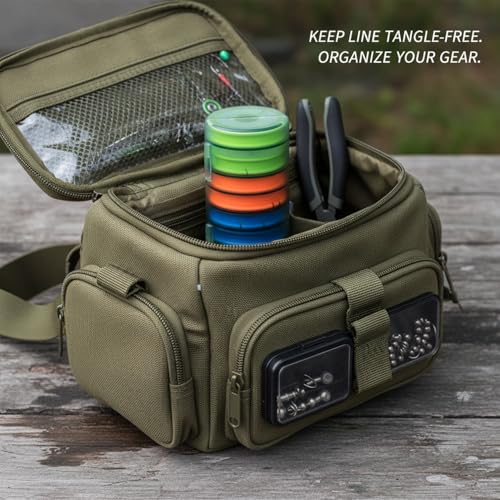 Fishing Line Spool Organizer Box, Durable PP Plastic Storage Case with Silicone Holders for Braid, Mono, and Fluoro Spools - size: 5 x 2.44 x 5 in