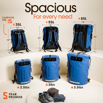 Earth Pak Waterproof Backpack - Heavy Duty Hiking Backpack - Roll-Top Closure Bag - Cushioned Dry Bag Waterproof Phone Case - color: Blue, size: 55L