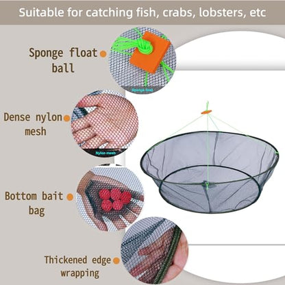 Foldable Nylon Fishing Net, Portable Fish,Crab Trap Net with Rope - size: Small 31.5inch/80cm