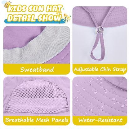 Outdoor Kids Sun Hats with Neck Flap Boys Girls Wide Brim UPF 50+ UV Protection Children Bucket Hat Safari Hat - color: 1pack-purple