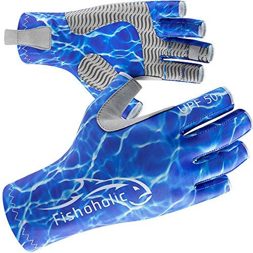 Fishoholic UPF50+ Fingerless Fishing Gloves - Sticky Grip Sun Protection Glove - Kayaking Paddling or Rowing - color: Blue H2O Camo, size: L / XL