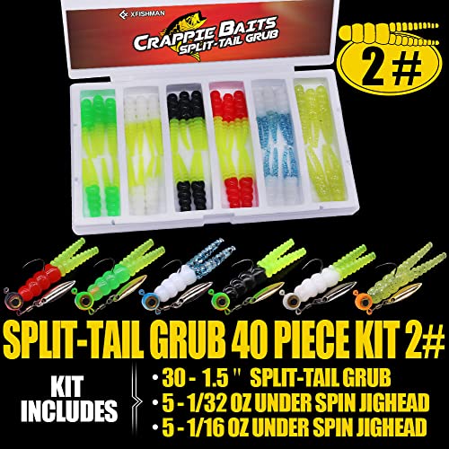 Crappie Jigs and Lures Kit -135 & 40 Piece Set with Plastics, Jig Heads, Split-Tail Grub Baits - Perfect for Crappie Fishing, Panfish Lures - color: Split-Tail Grub 40 pc. KIT Combo 2
