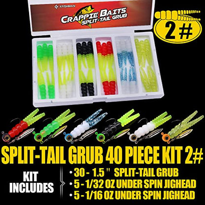 Crappie Jigs and Lures Kit -135 & 40 Piece Set with Plastics, Jig Heads, Split-Tail Grub Baits - Perfect for Crappie Fishing, Panfish Lures - color: Split-Tail Grub 40 pc. KIT Combo 2