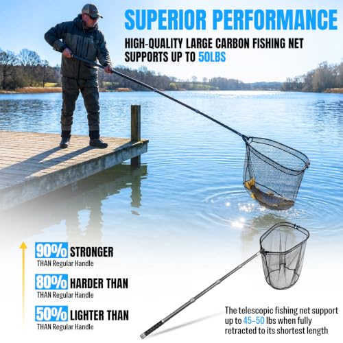 PLUSINNO Large Fishing Net, 3.4-7.7 FT Carbon Fiber Fish Net with Long Telescoping Handle, Kayak Fishing Gear Accessories Foldable Landing Net for Bass, Trout, Catfish, Fishing Gifts for Men Father - size: 4.9 FT (59.1") Full Length