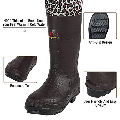 HISEA Women Waders Waterproof 400G Insulated Neoprene Chest Wader for Women - color: Pink Leopard, size: 5