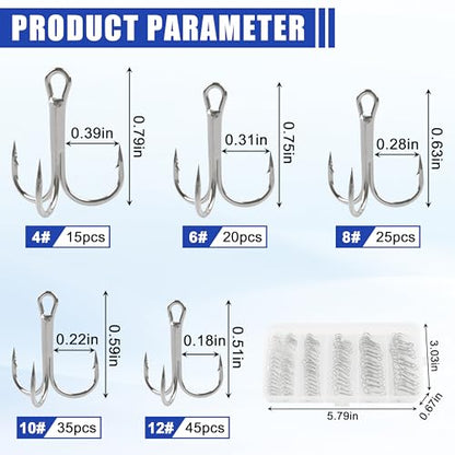 Fishing Treble Hooks Assortment, Sharp Brabed Triple Fishing Hooks Set High Carbon Steel Round Bend for Trout Catfish Lures Freshwater Saltwater, Assorted Size 4 6 8 10 12 - style: 140pcs Silver Treble Hooks Set