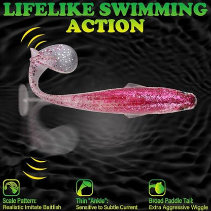 LUCKYFISHING Paddle Tail Swimbaits Soft Plastic Swimbaits Soft Baits for Bass Fishing Trout Crappie Walleye Freshwater Saltwater 10/16/20 PCS Soft Plastic Baits 4/3.5/3/2.5 Inch - color: Pink, size: 3 inch-16pcs