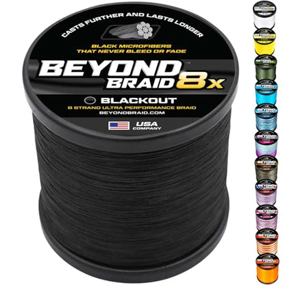 Beyond Braid Braided Fishing Line -Super Strong - Abrasion Resistant - No Stretch -Blue Camo, Moss Camo, White, Green, Pink, Blue, 4 Strand 8 Strand - color: Blackout 8X - No Fade, size: 30LB (300 Yards)