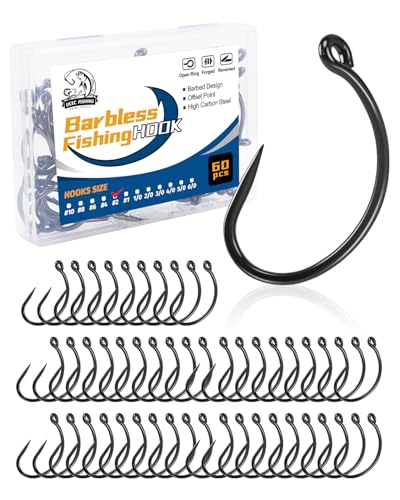 UCEC 190/220/260PCS Barbless Fishing Hooks, Carp Hooks Circle Curve Shank Fly Tying Fishing Hook Tackle Kit for Freshwater Saltwater Hair Rig Trout Size: 2# 4# 6# 8# 10# - size: 60PCS,#2