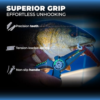 GOMEXUS Fishing Pliers Saltwater with Side Cutters, Never Rust Inshore & Nearshore Titanium Fishing gear with Lanyard & Leather Sheath, Hook Remover, (7'' Split Ring Nose) - color: Split Ring Nose