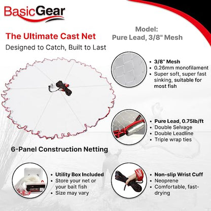 BasicGear Cast Net | Lead, 3ft-12ft Radius, 3/8 or 1/4 inch Mesh for Freshwater and Saltwater Bait Fish| Professional Grade and Upgraded Material | Throw Style - size: 8ft Radius, 3/8" Mesh
