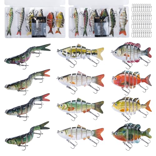 Goture Bass Fishing Lures, Lifelike Jointed Swimbait for Bass Trout Walleye Crappie Pike, Slow Sinking Segment Swimming Bait Fishing Lures for Freshwater and Saltwater, Gifts for Men - color: E3:12pcs Bass Lures with 40pcs Snaps