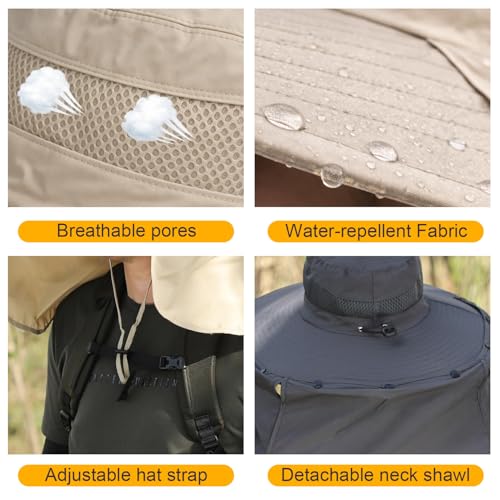 HUAMULAN Men Summer Sun Hat Women Safari Wide Brim Fishing Hats UV Protection Neck Flap Bucket Gardening Hiking Hunting Cap - color: Beige