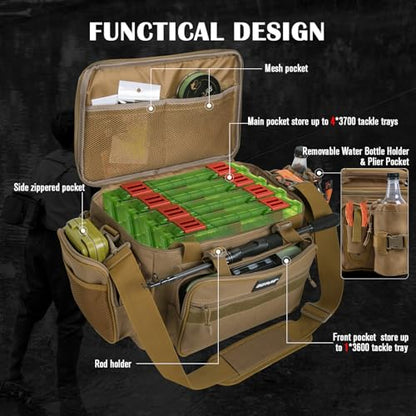 Goture Fishing Tackle Bag with 4pcs 3700 & 2pcs 3600 Tackle Boxes, 600D Water-Resistant Soft Side Saltwater Gear Storage Fishing Bag with Rod Straps, Detachable Water Bottle Pouch, Waterproof Bottom - color: C3:Khaki with (4)3700&(2)3600 Tackle Boxes, siz