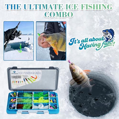 78-Piece Ice Fishing Jigs Kit with Glow-in-The-Dark Lures, Soft Baits, and Tackle Box for Panfish, Crappie, and Perch | Ice Fishing Gear Essentials