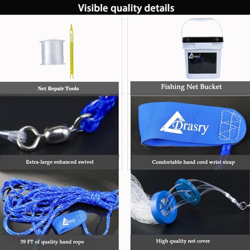 Drasry Saltwater Fishing Cast Net for Bait 3/8 1/4 or 1/2 with Heavy Sinkers Fish Trap Throw Net. Size 3ft/4ft/5ft/6ft/7ft/8ft/9ft/10ft Radius Freshwater Nets - size: 4FT (120cm) Radius, style: 1/4 Mesh Lead Sinkers-mono