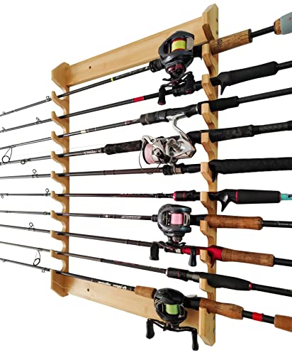 Wall Mount Fishing Rod Rack, Wooden Fishing Pole Holder, Heavy Duty Fishing Rod Storage Organizer for Garage Home Wall, Space Saving Fishing Gear Display Rack
