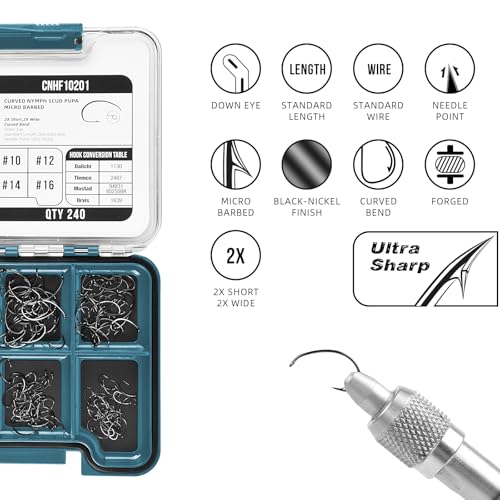 SF 10# 12# 14# 16# Fly Tying Hooks Kit Assortment Micro Barbed High Carbon Steel Standard Dry Curved Nymph Scud Pupa Fly Fishing Hook 240Pcs with Waterproof Magnetic Hook Box