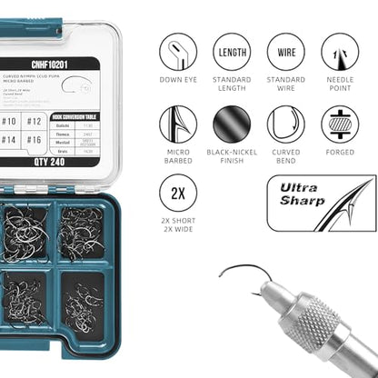 SF 10# 12# 14# 16# Fly Tying Hooks Kit Assortment Micro Barbed High Carbon Steel Standard Dry Curved Nymph Scud Pupa Fly Fishing Hook 240Pcs with Waterproof Magnetic Hook Box