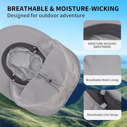 Connectyle Wide Brim Sun Hat for Men Women UPF 50+ Breathable Fishing Hat with Neck Flap Outdoor Hiking Safari Bucket Hats - color: Light Grey