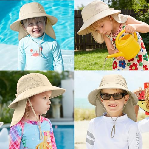 Outdoor Kids Sun Hats with Neck Flap Boys Girls Wide Brim UPF 50+ UV Protection Children Bucket Hat Safari Hat - color: 1pack-beige