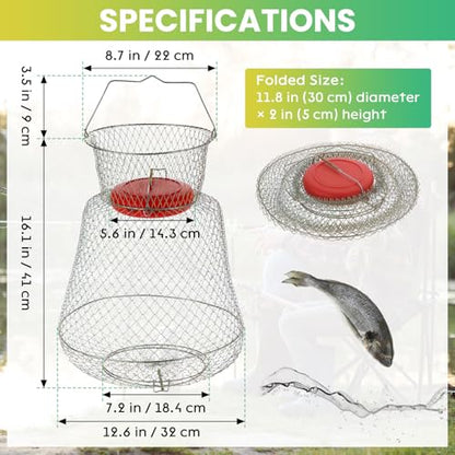 2 Pack Floatable Galvanized Steel Wire Fish Baskets, Collapsible Caget for Live Caught Fish, Portable Fishing Basket Wire Fishing Net Cage